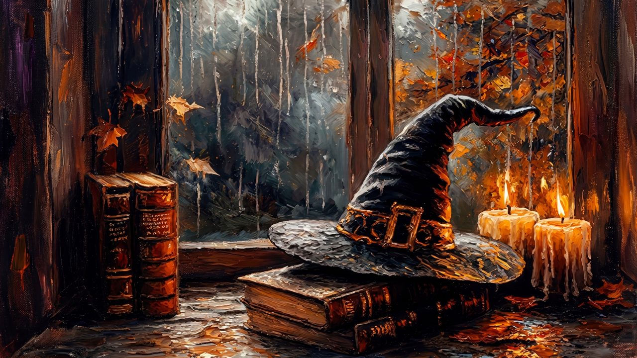 Halloween Frame TV Art, Vintage Moody Oil Painting (Witch Hat with Books and Candles)