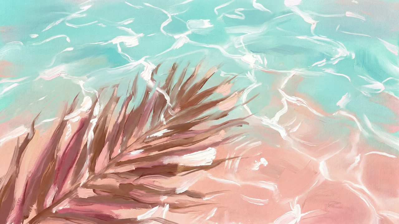 Summer Frame TV Art, Coastal Beach Oil Painting (Palm Frond Shadow on Water)