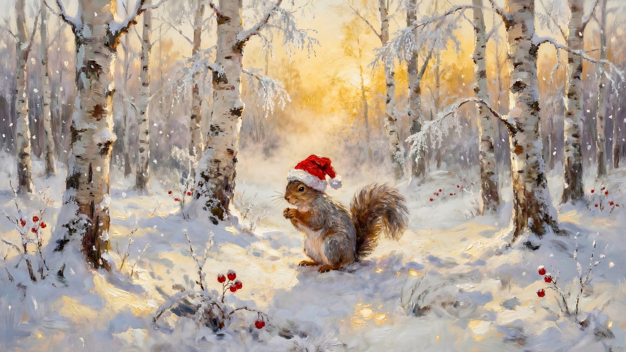 Christmas Frame TV Art, Vintage Holiday Oil Painting (Squirrel in Santa Hat)