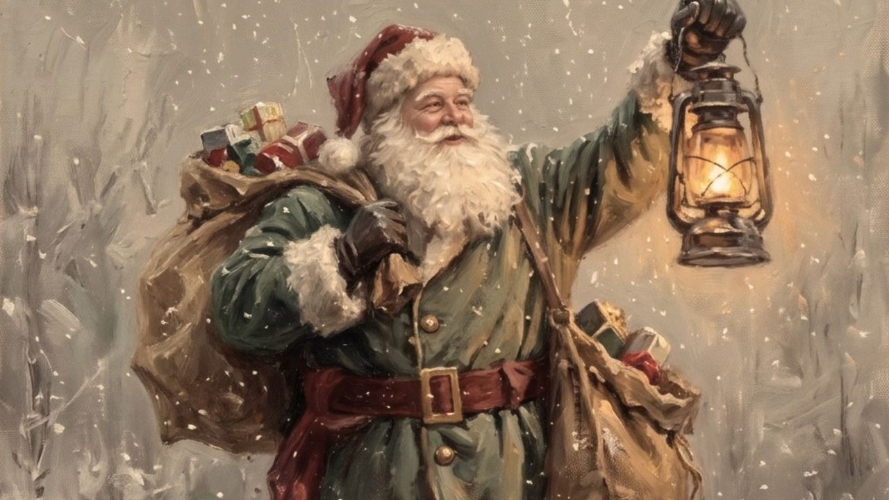 Christmas Frame TV Art, Vintage Holiday Oil Painting (Santa with Lantern and Sack 2)
