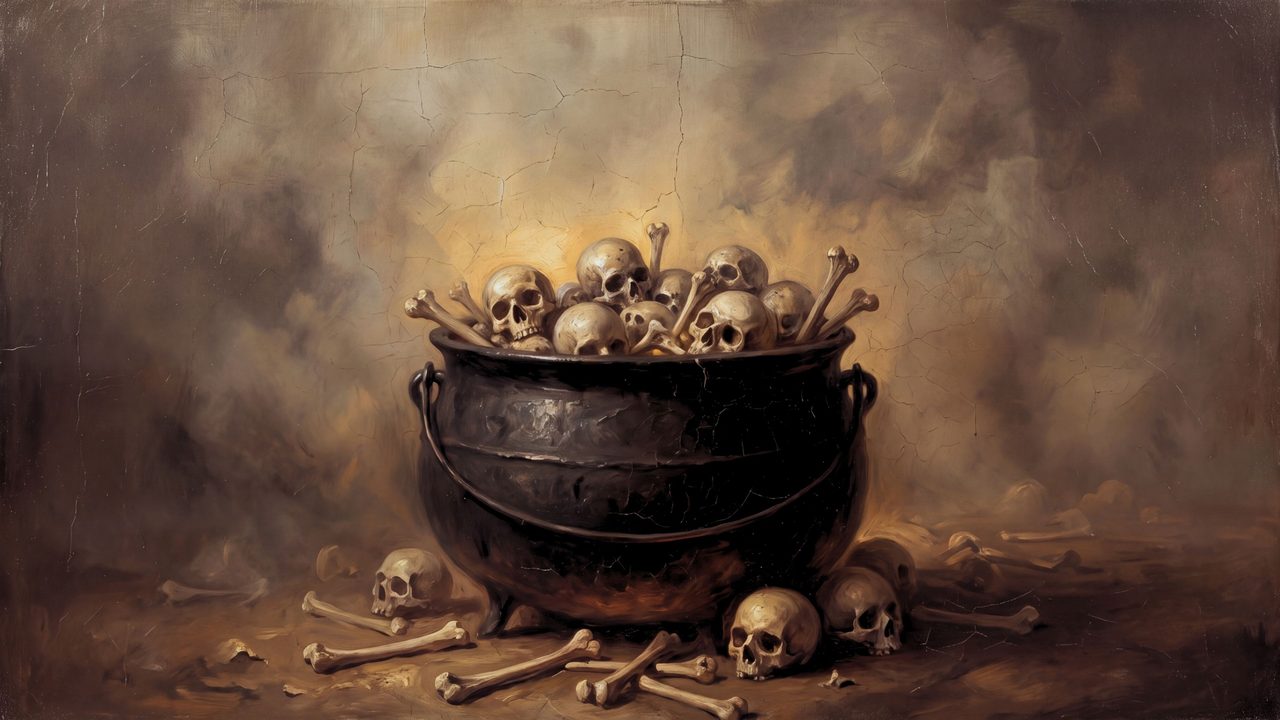 Halloween Frame TV Art, Vintage Moody Oil Painting (Cauldron of Skulls)