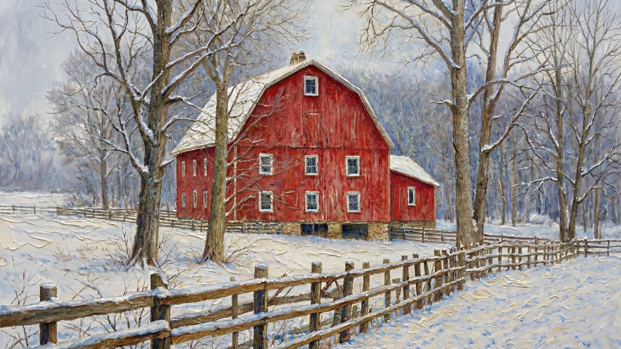Samsung Frame TV Art Winter Barn Landscape • Red Farmhouse Painting • Rustic Country Christmas Wall Art