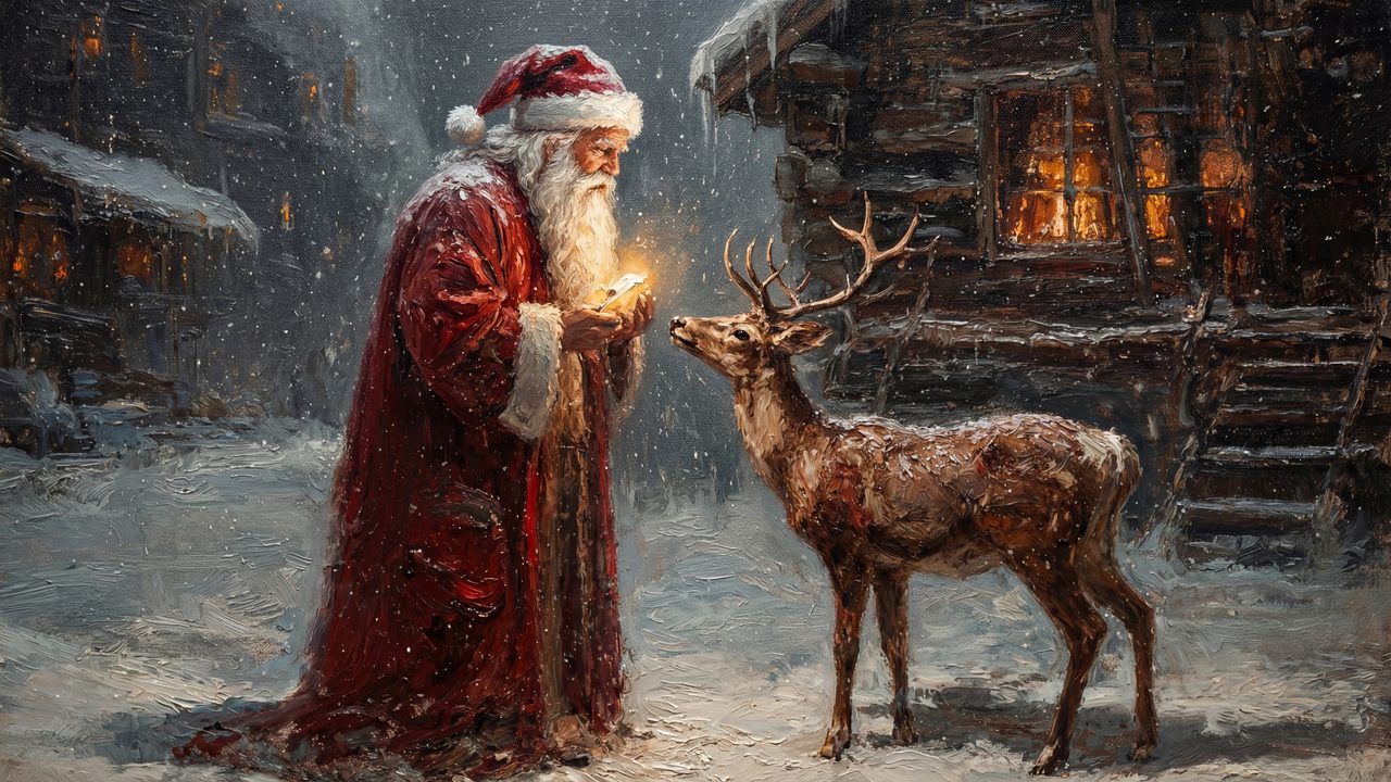 Samsung Frame TV Art Christmas Santa & Reindeer • Vintage Oil Painting • Cozy Cabin Winter Scene • Holiday Wall Art