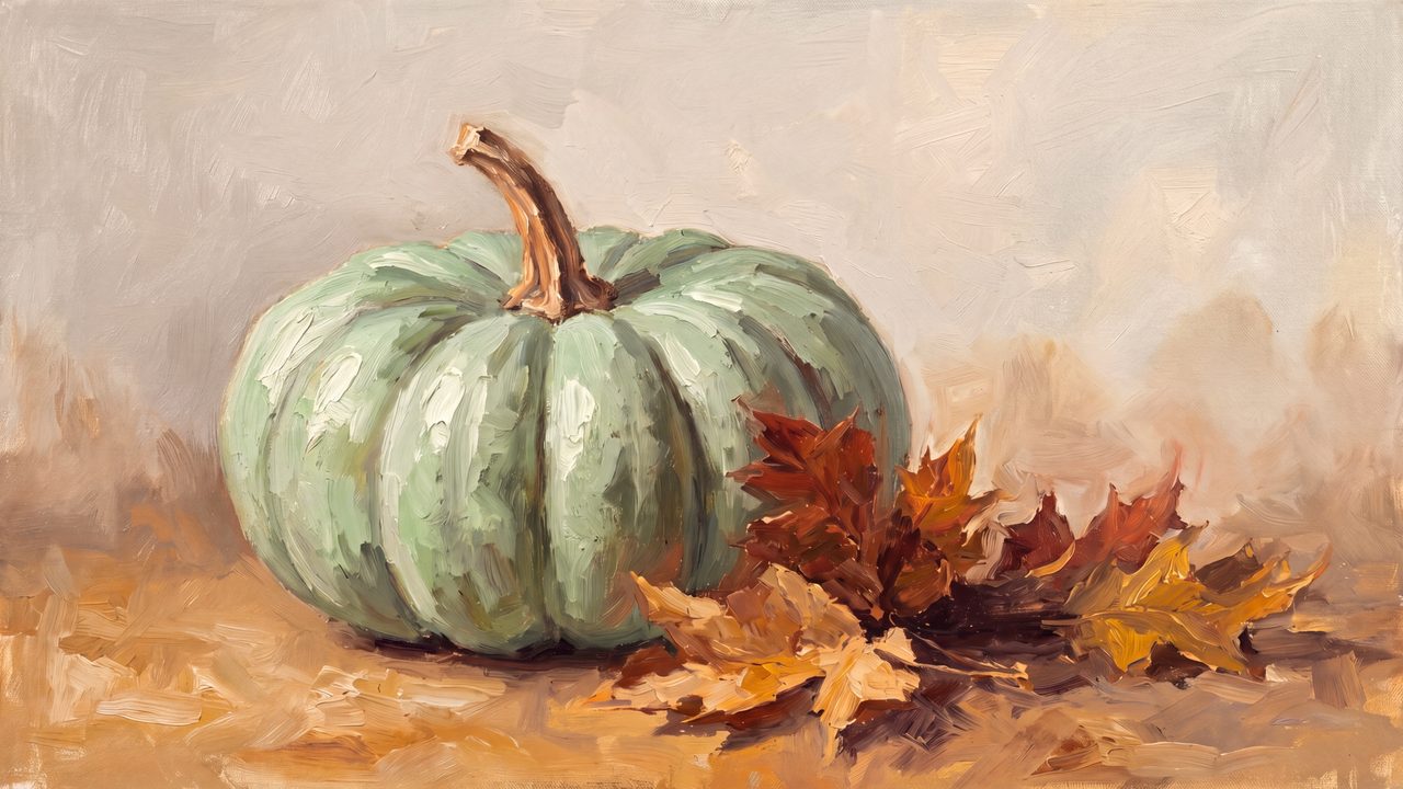 Fall Frame TV Art, Vintage Autumn Oil Painting (Pale Green Pumpkin)