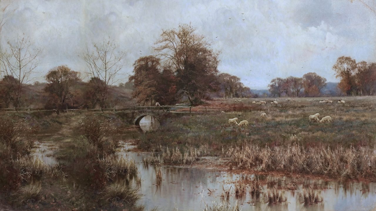 Vintage Frame TV Art, Antique Landscape Oil Painting (Marsh with Grazing Sheep)
