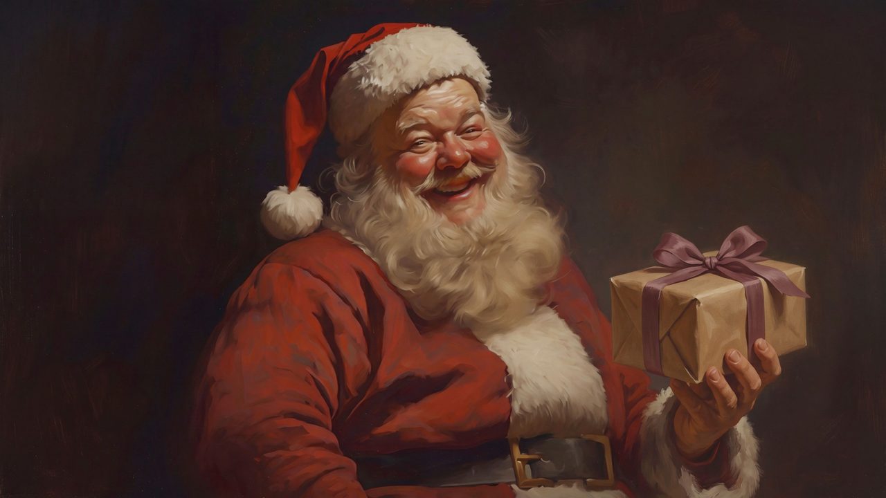 Christmas Frame TV Art, Vintage Holiday Oil Painting (Santa Holding Gift)