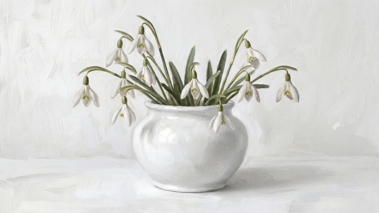 Vintage Frame TV Art, Antique Landscape Oil Painting (Snowdrops in White Vase)