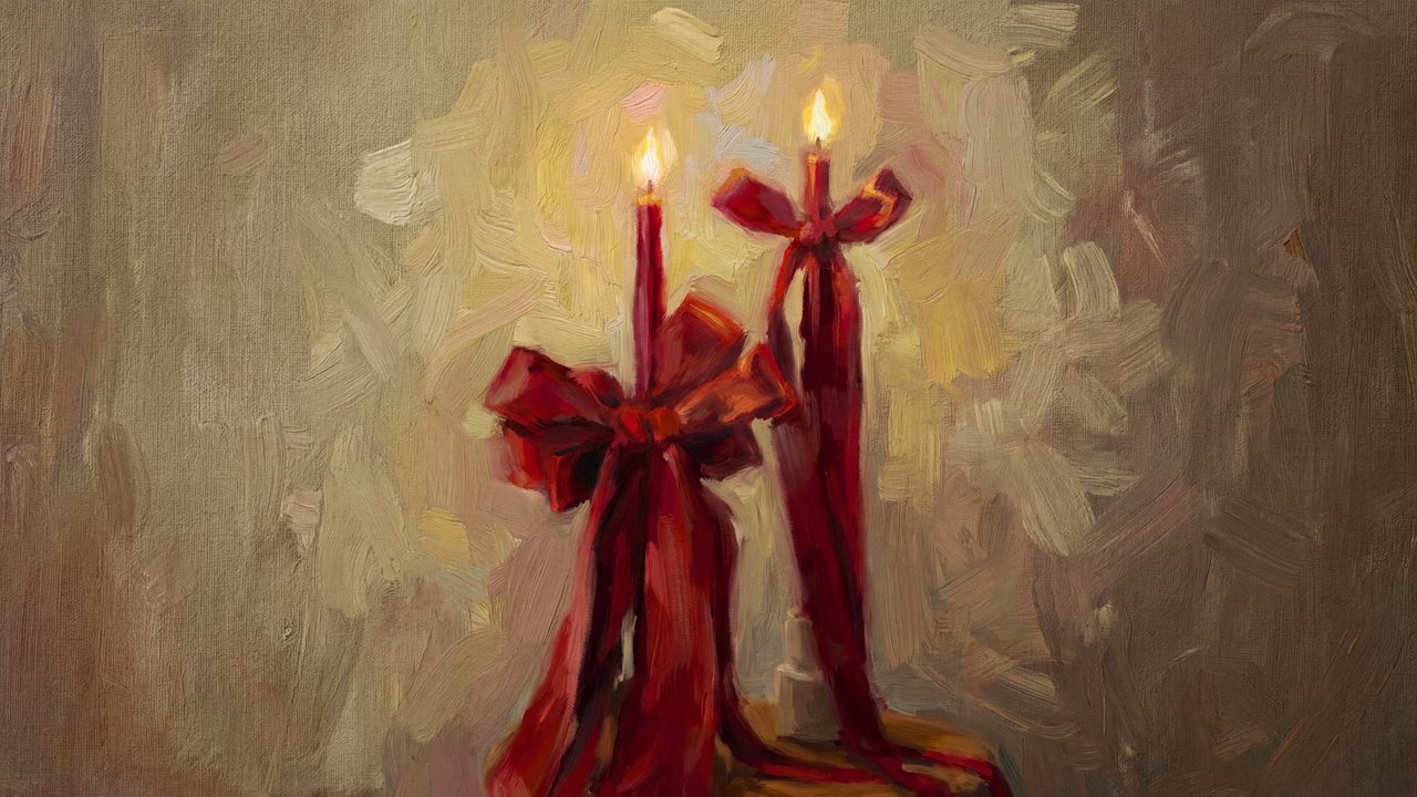 Valentine Frame TV Art, Romantic Vintage Oil Painting (Red Candles with Ribbons)