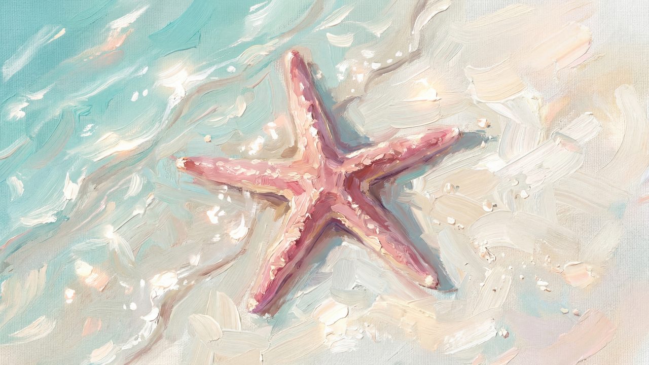 Summer Frame TV Art, Coastal Beach Oil Painting (Pink Starfish in Shallows)