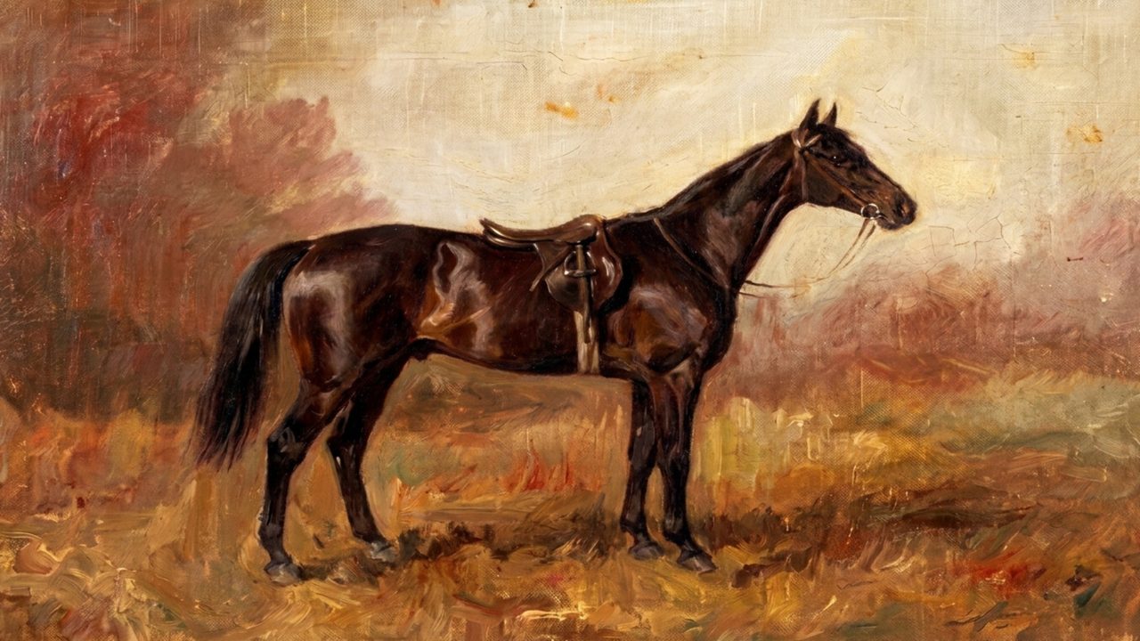 Fall Frame TV Art, Vintage Autumn Oil Painting (Dark Horse in Autumn Field)