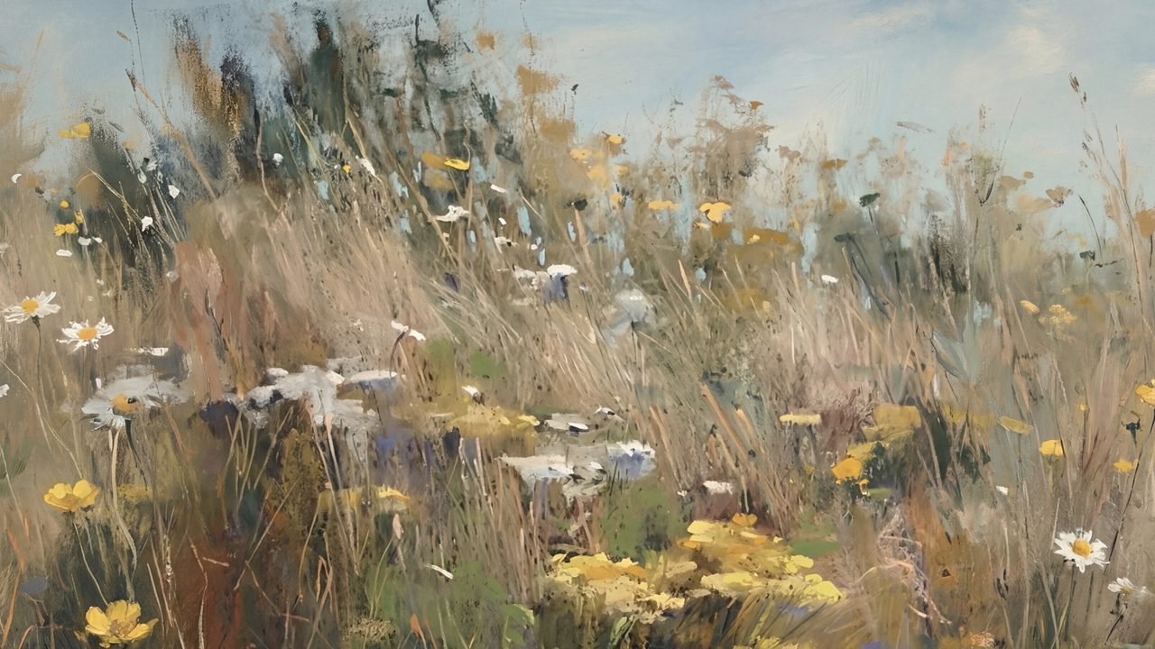Easter Frame TV Art, Pastel Spring Oil Painting (Tall Grass and Wildflowers)
