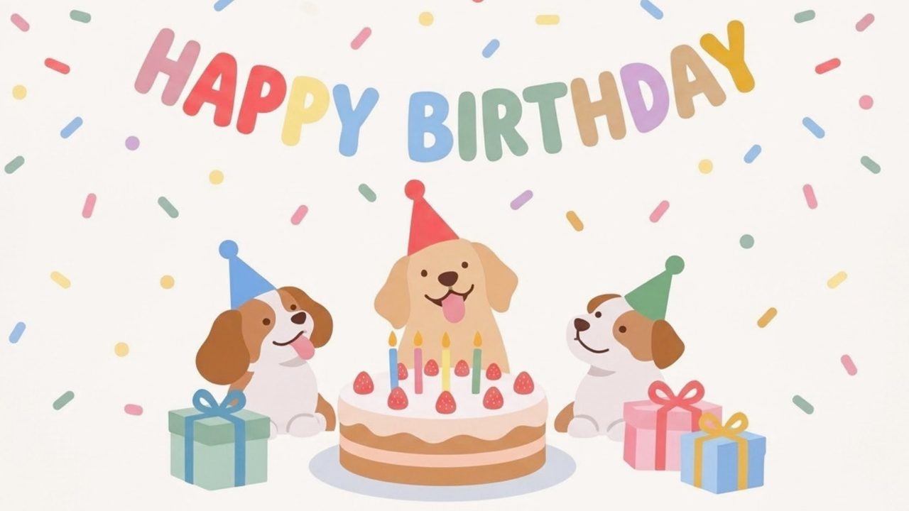 Happy Birthday Frame TV Art, Colorful Party TV Background (Puppies with Birthday Cake)