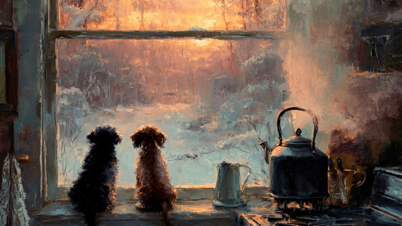 Christmas Frame TV Art, Vintage Holiday Oil Painting (Dogs Watching Snowy Window)