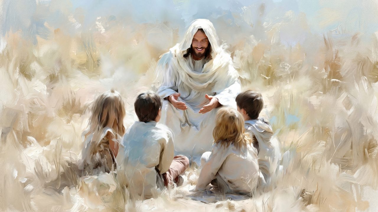 Jesus with the Children TV Art, Christ’s Love and Blessings Christian Oil Painting, Savior and Kids Samsung Frame TV Art