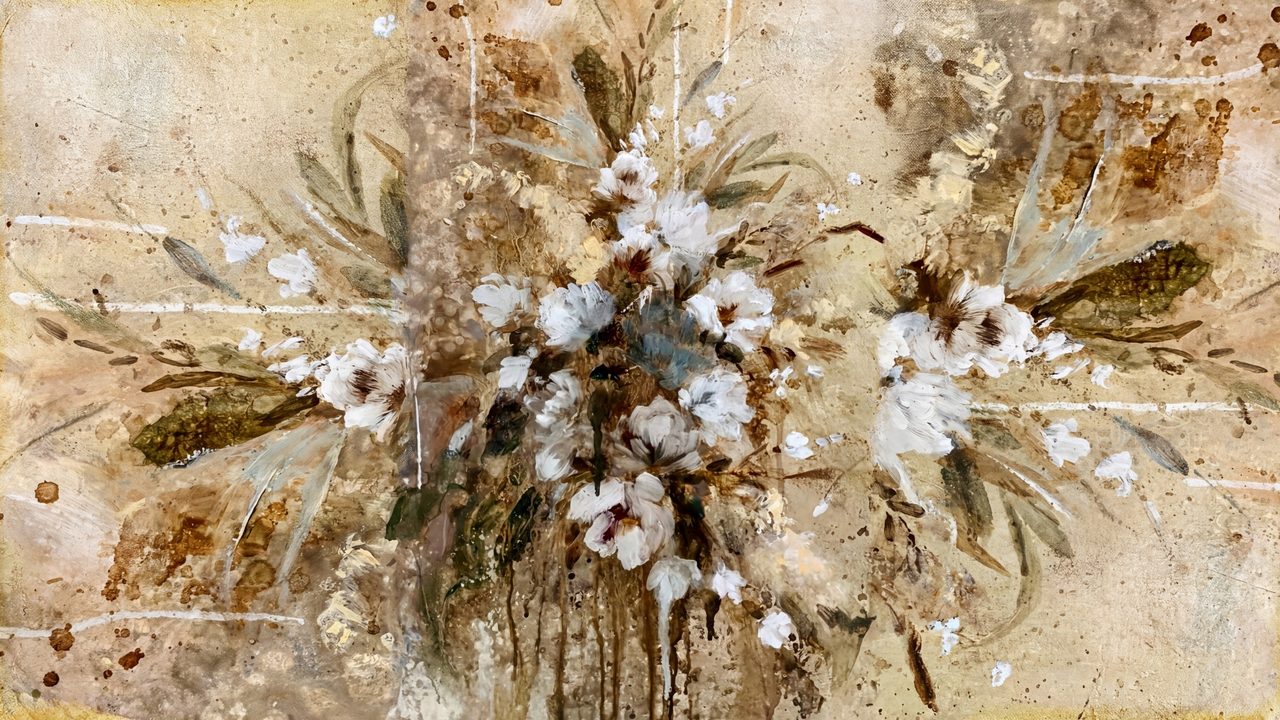 Rustic Frame TV Art, Farmhouse Country Oil Painting (White Flower Spray)