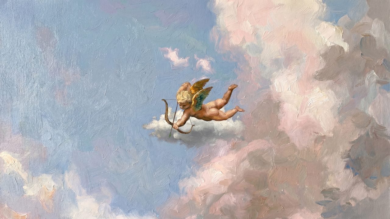 Valentine Frame TV Art, Romantic Vintage Oil Painting (Cupid on Cloud)