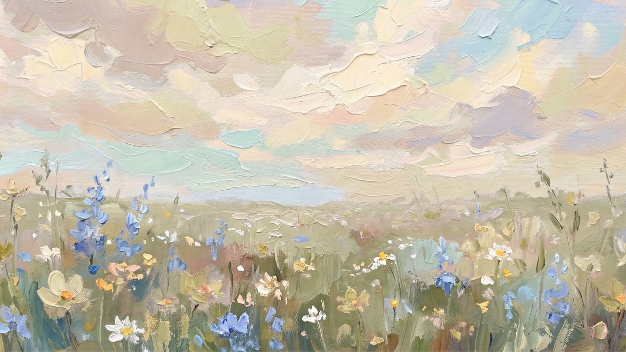 Easter Frame TV Art, Pastel Spring Oil Painting (Spring Meadow Under Pastel Sky)