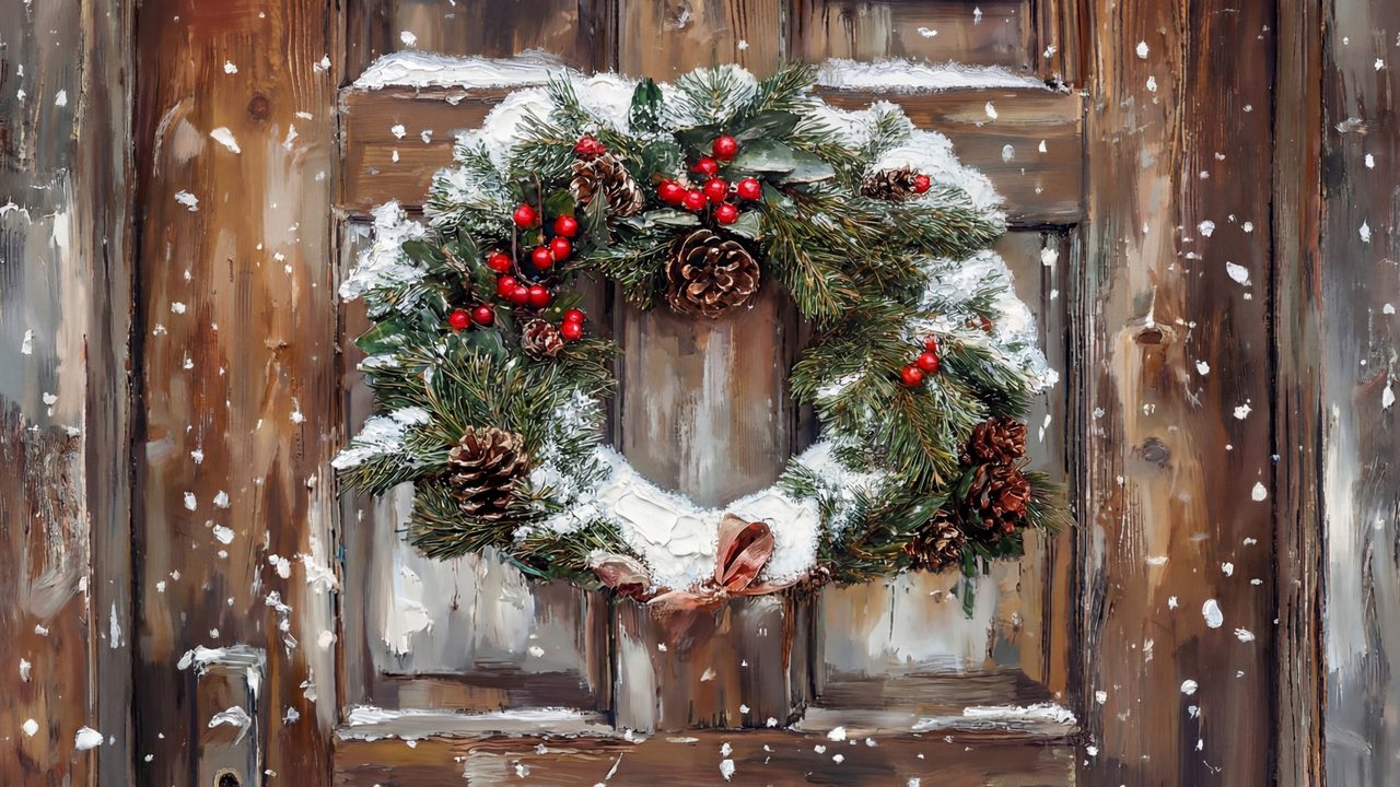 Christmas Frame TV Art, Vintage Holiday Oil Painting (Wreath on Wooden Door)