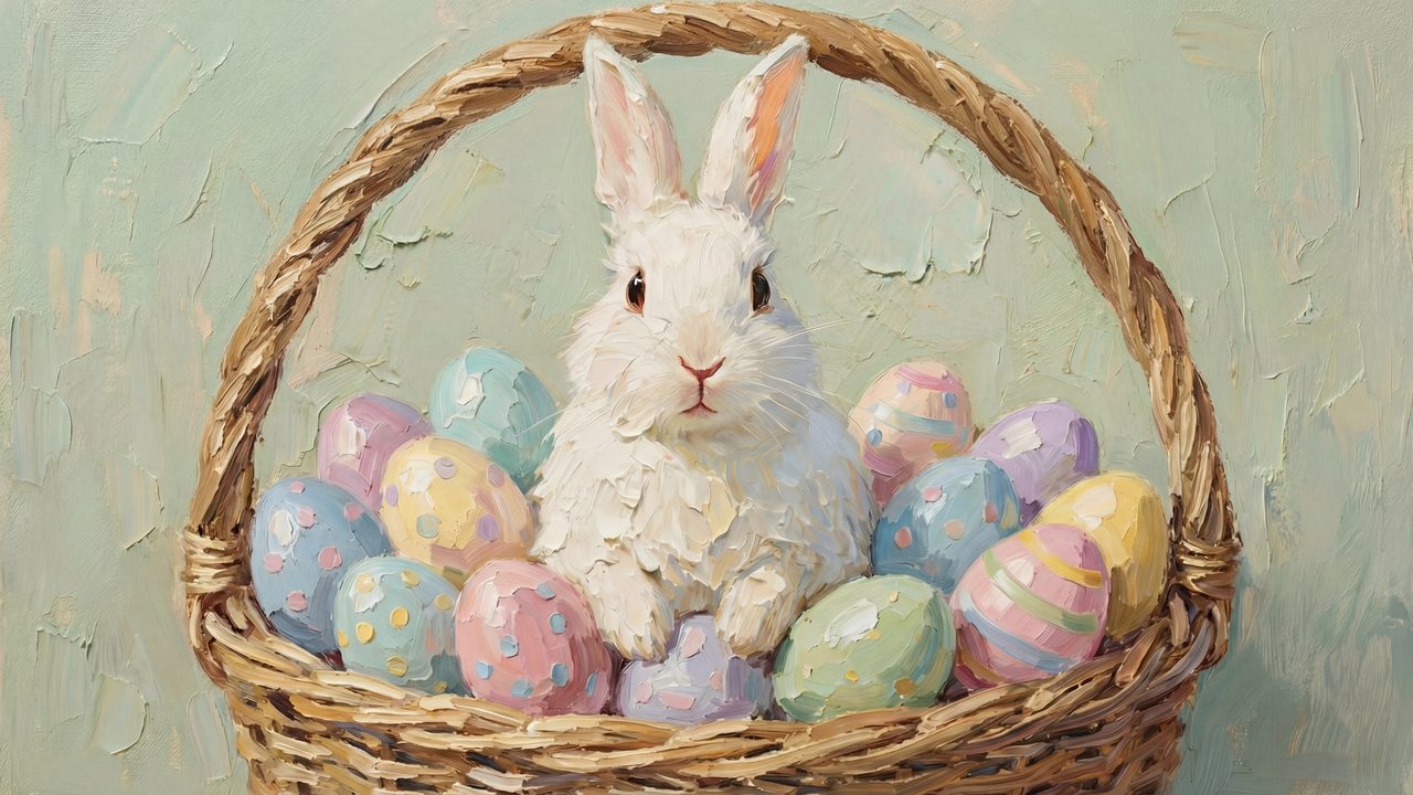 Easter Bunny Basket Samsung Frame TV Art, Spring TV Decor, Rabbit Oil Painting, 4K Digital Download, Holiday Screen Art