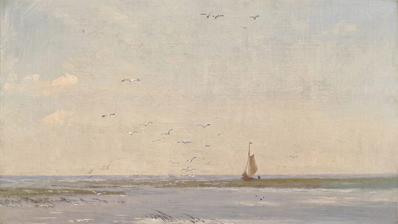 Summer Frame TV Art, Coastal Beach Oil Painting (Distant Sailboat on Hazy Sea)