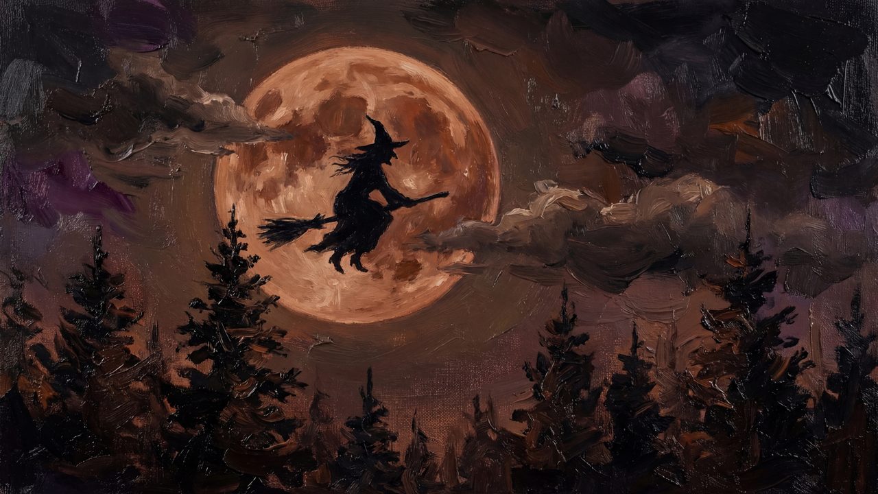 Halloween Frame TV Art, Vintage Moody Oil Painting (Witch Flying Past Moon)
