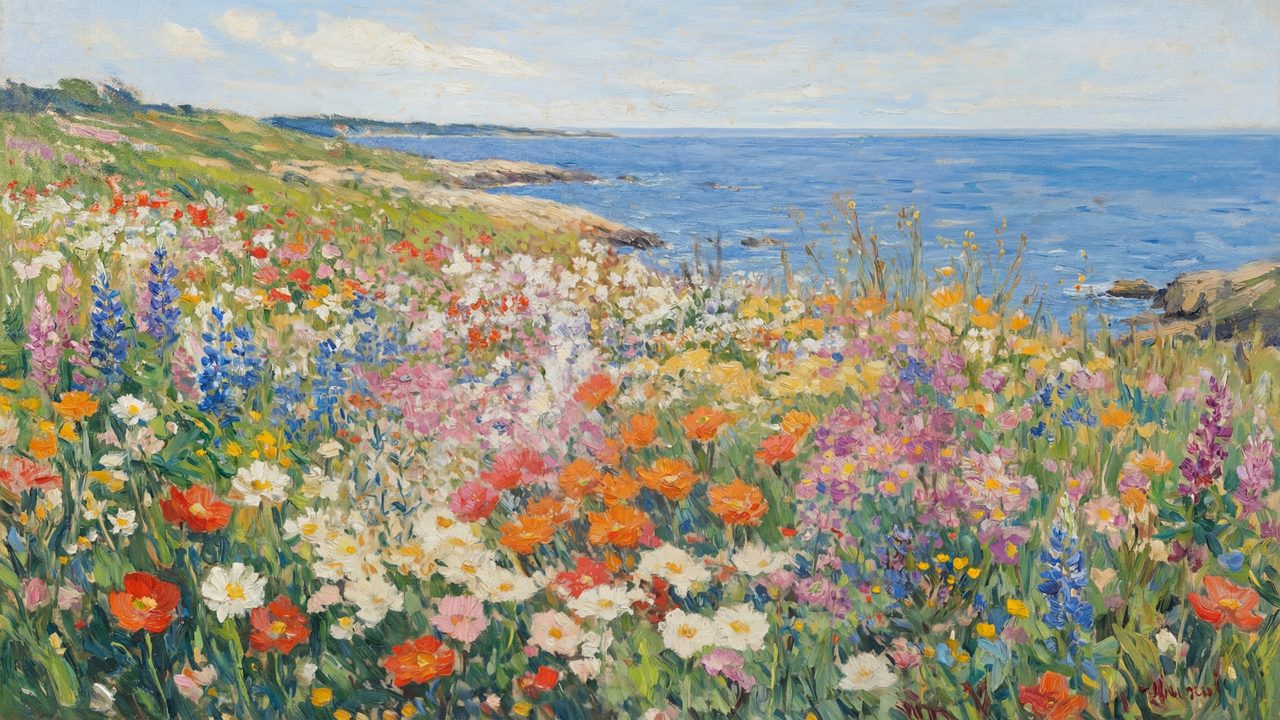 Spring Frame TV Art, Vintage Floral Landscape Oil Painting (Wildflowers on Sea Cliff)