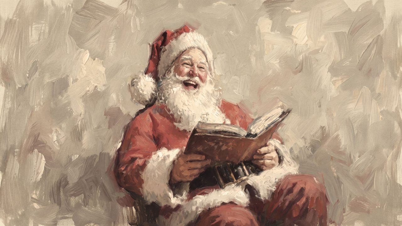 Christmas Frame TV Art, Vintage Holiday Oil Painting (Santa Reading Book)