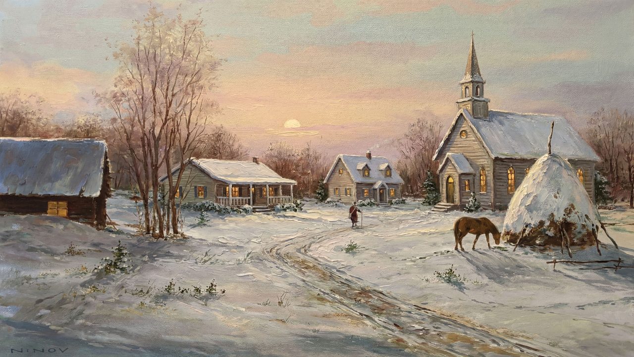 Christmas Frame TV Art, Vintage Holiday Oil Painting (Snowy Village Church at Dusk)