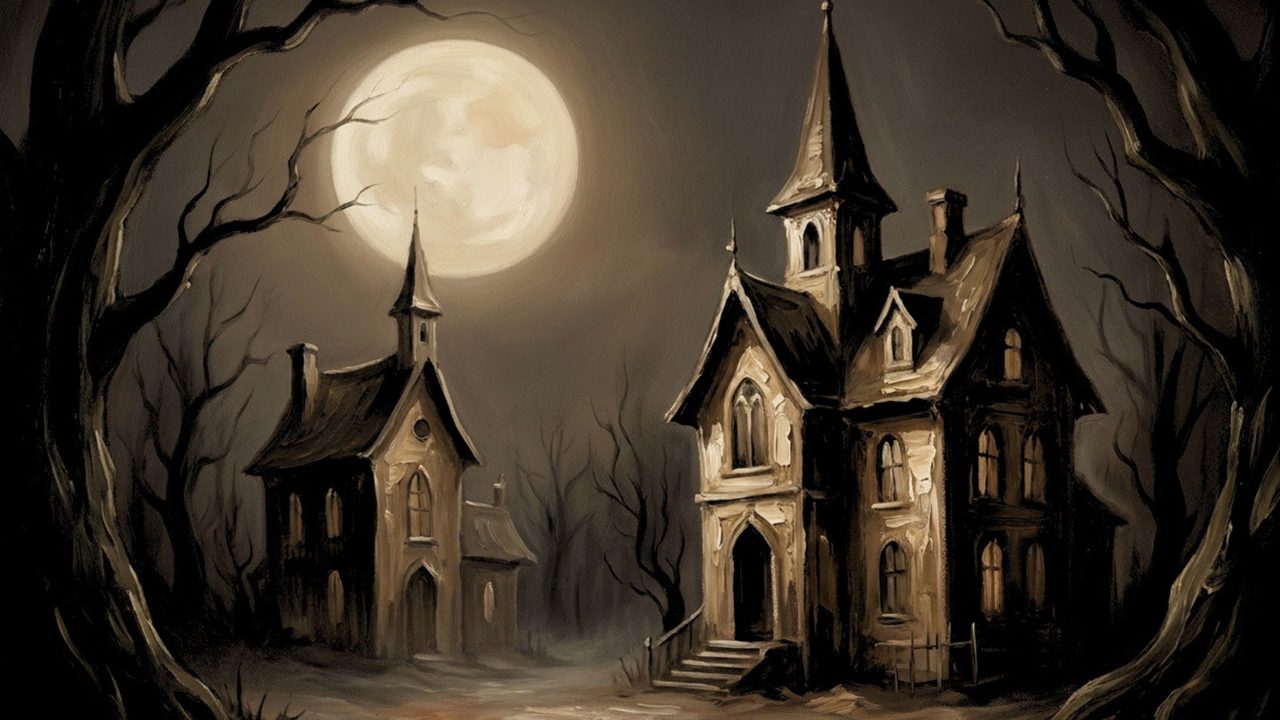 Fall Frame TV Art, Vintage Autumn Oil Painting (Haunted Houses Under Moon)
