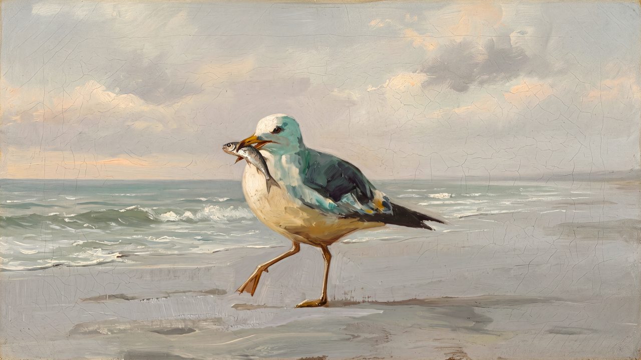 Summer Frame TV Art, Coastal Beach Oil Painting (Seagull with Fish)