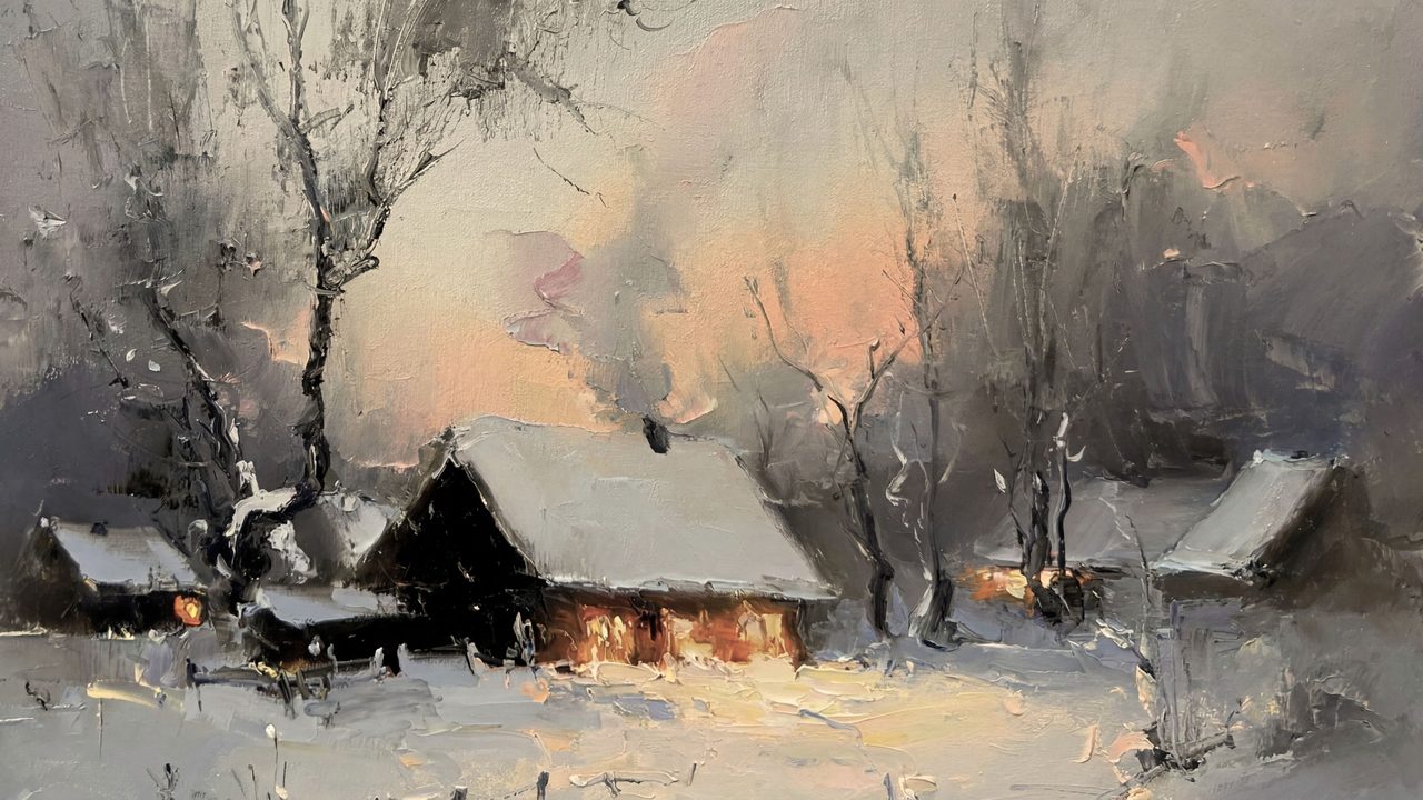 Christmas Frame TV Art, Vintage Holiday Oil Painting (Cottages at Winter Dusk)