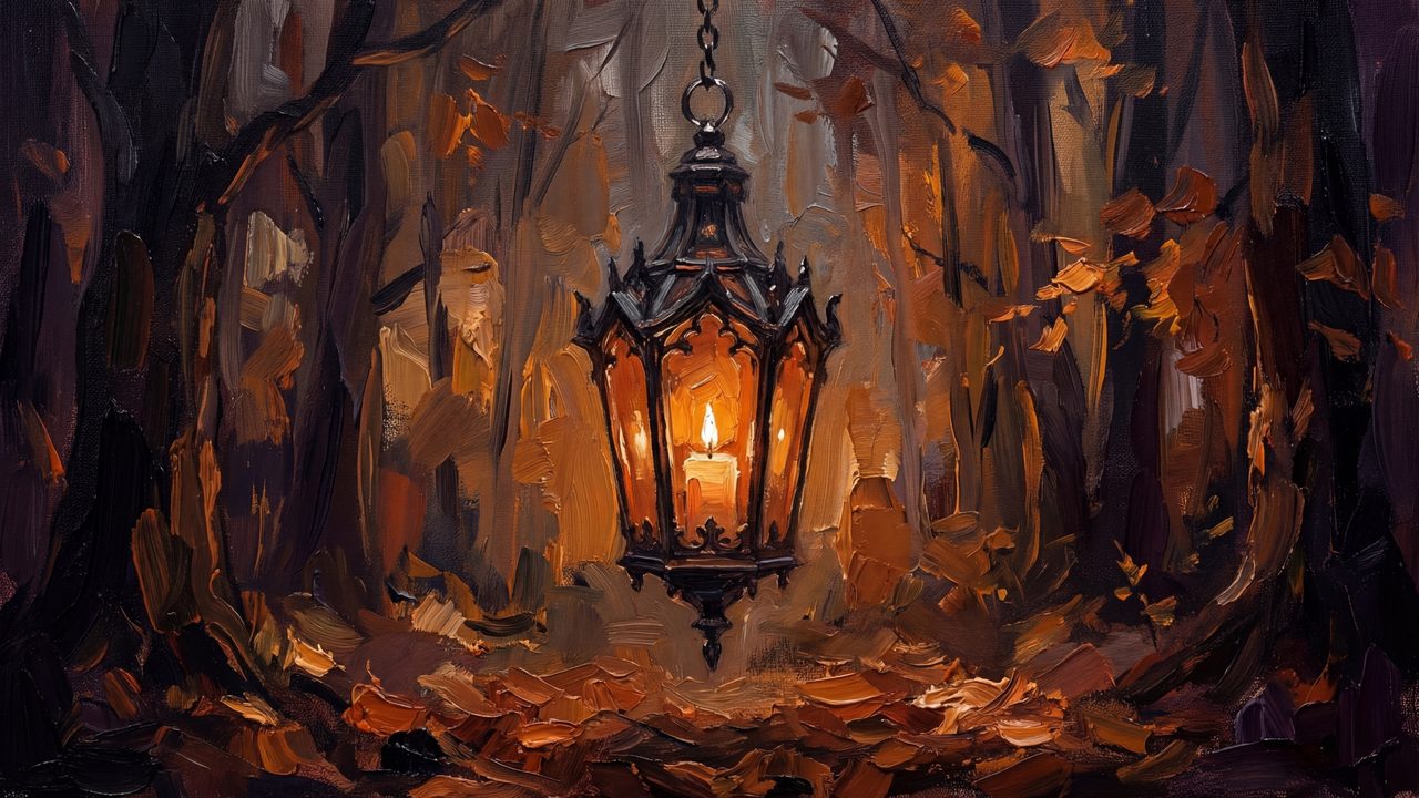 Halloween Frame TV Art, Vintage Moody Oil Painting (Lantern in Autumn Forest)