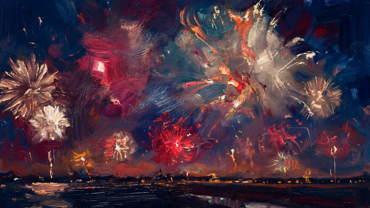 4th of July Frame TV Art, Patriotic American Oil Painting (Fireworks over Waterfront)