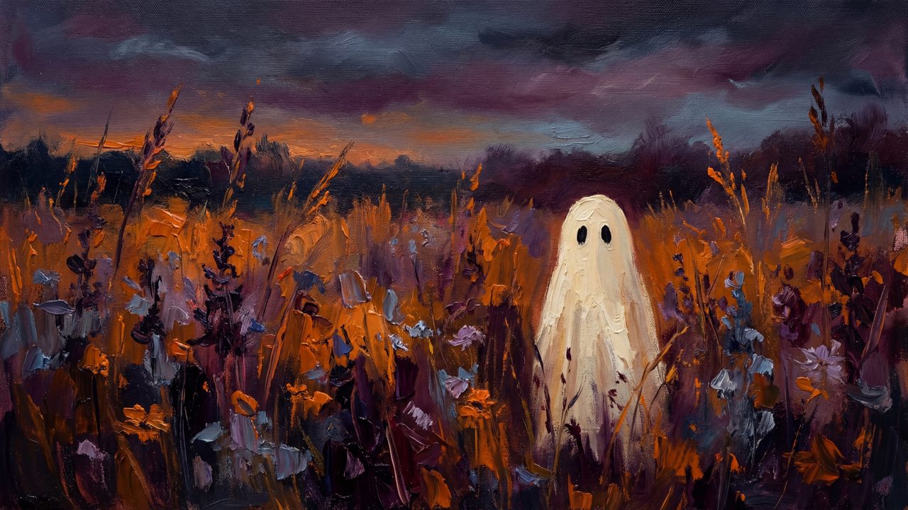Halloween Frame TV Art, Vintage Moody Oil Painting (Ghost in Wildflower Field)