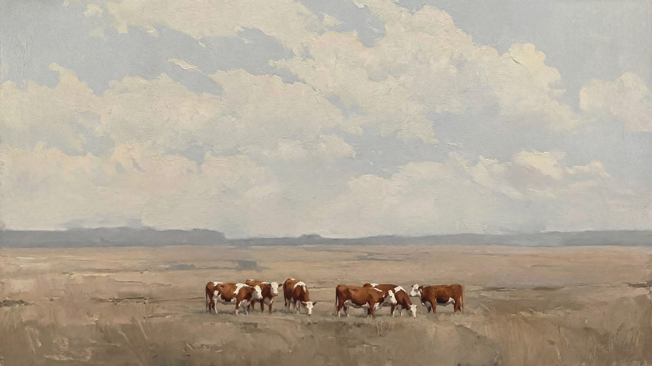 Vintage Frame TV Art, Antique Landscape Oil Painting (Cattle on Open Plain)
