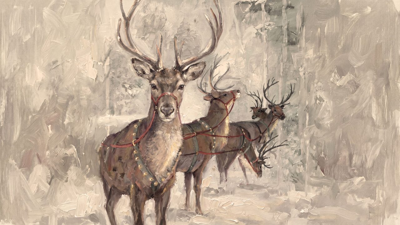 Christmas Frame TV Art, Vintage Holiday Oil Painting (Stags in Winter Woods)