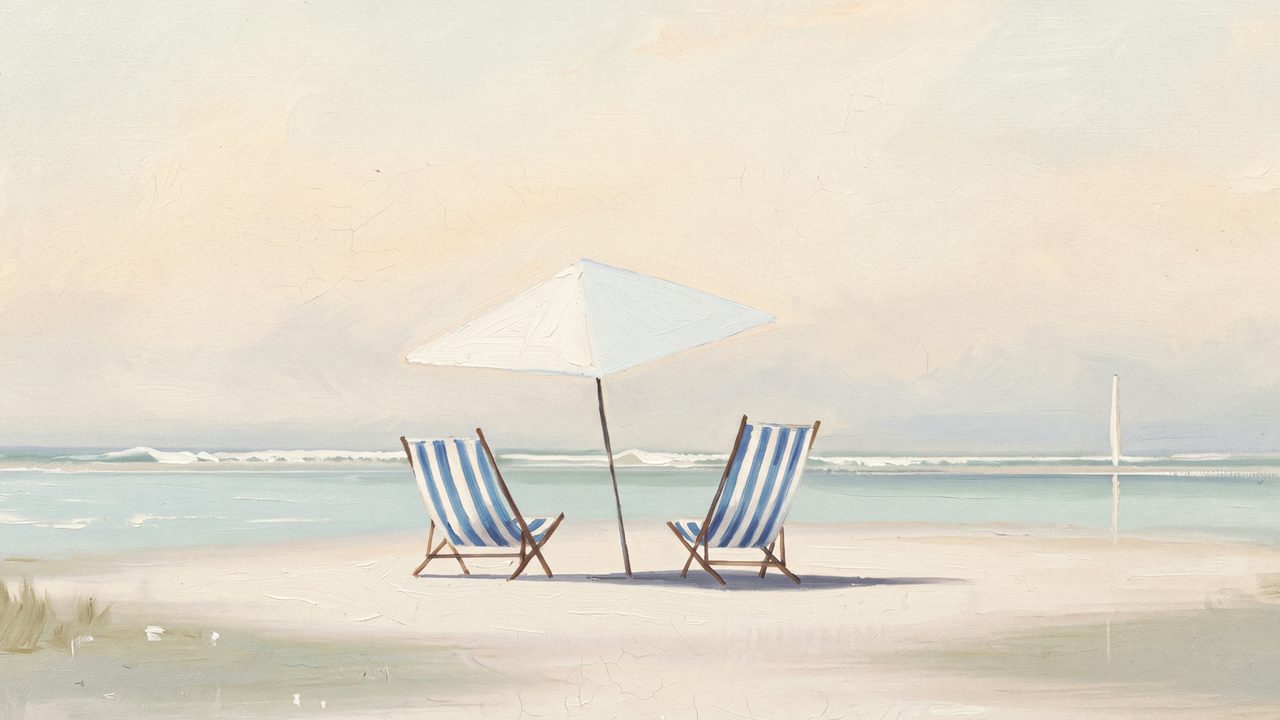 Summer Frame TV Art, Coastal Beach Oil Painting (Beach Chairs and Umbrella)