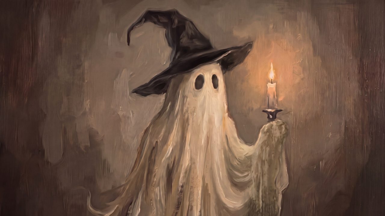 Halloween Frame TV Art, Witch Ghost with Candle, Vintage Halloween Oil Painting, Spooky Cute Ghost Decor