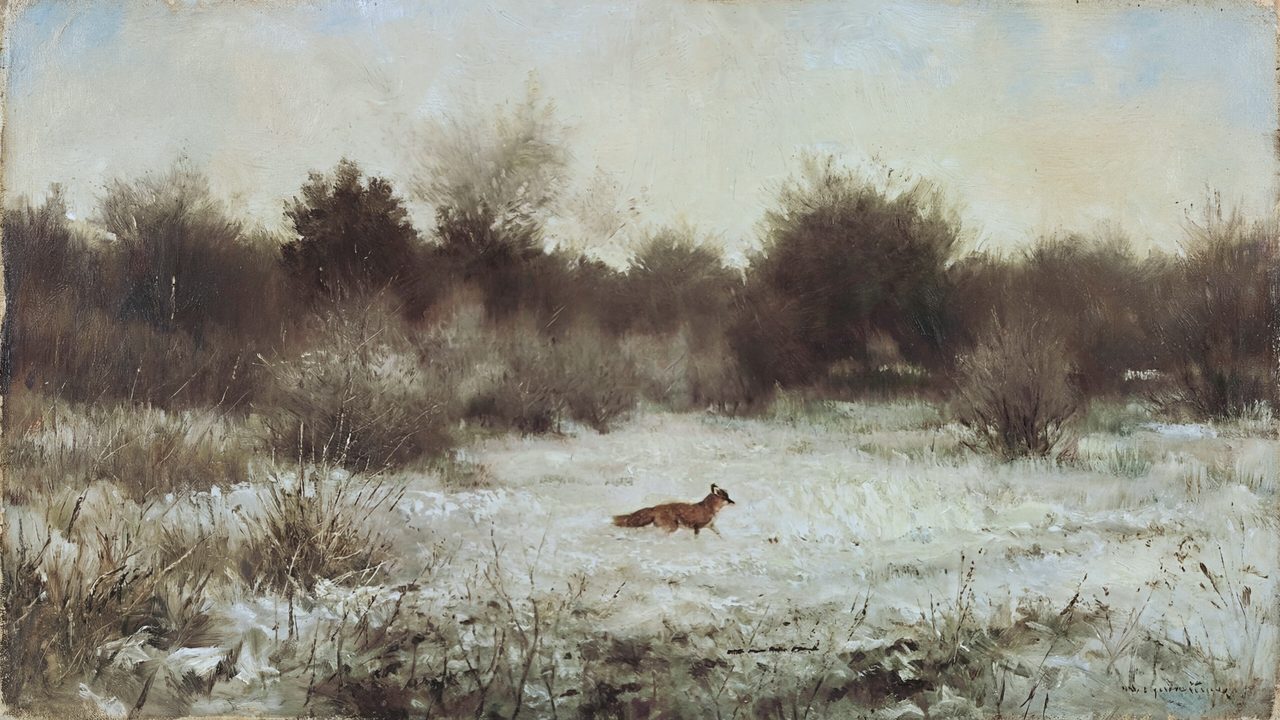 Vintage Frame TV Art, Antique Landscape Oil Painting (Fox in Snowy Field)