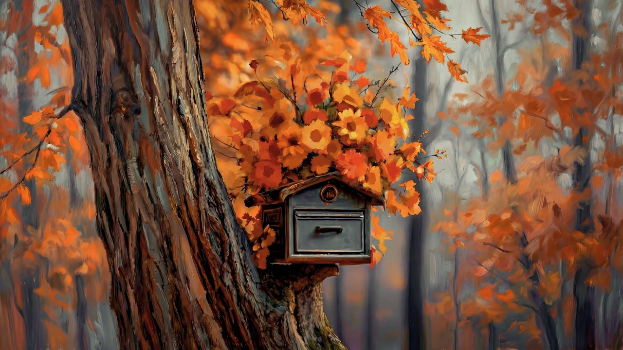 Fall Frame TV Art, Vintage Autumn Oil Painting (Birdhouse in Autumn Tree)