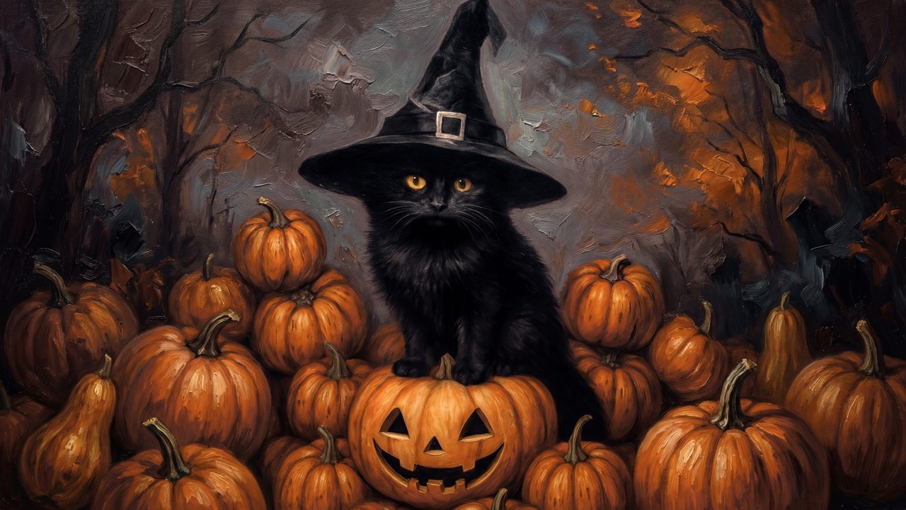Fall Frame TV Art, Vintage Autumn Oil Painting (Black Cat Among Pumpkins)