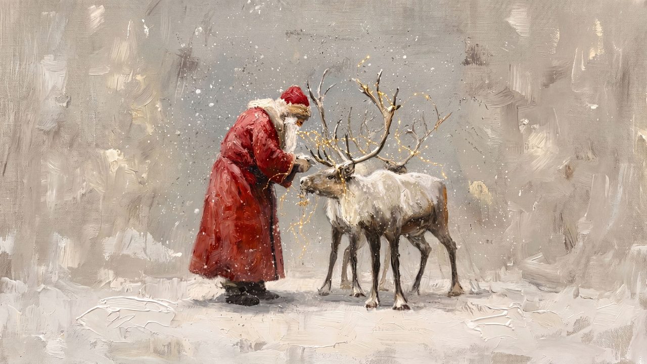 Christmas Frame TV Art, Vintage Holiday Oil Painting (Santa Feeding Reindeer 2)