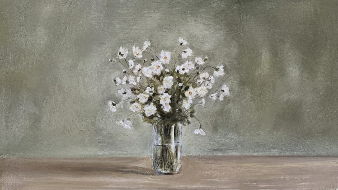 Vintage Frame TV Art, Antique Landscape Oil Painting (White Flowers in Glass Jar)