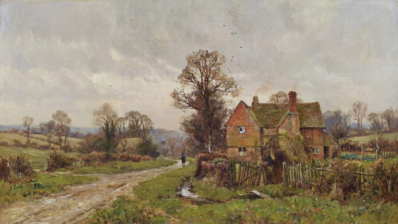 Vintage Frame TV Art, Antique Landscape Oil Painting (Brick Cottage by Country Lane)