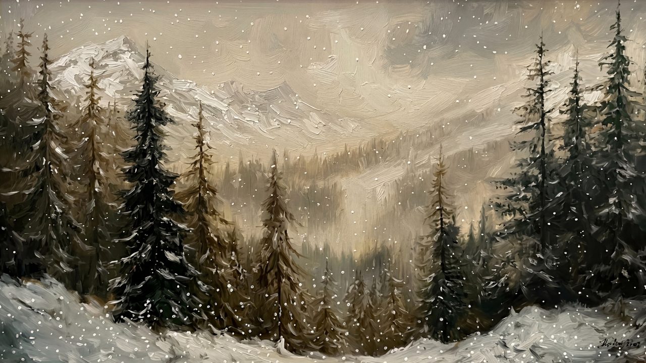 Christmas Frame TV Art, Vintage Holiday Oil Painting (Misty Pine Valley)