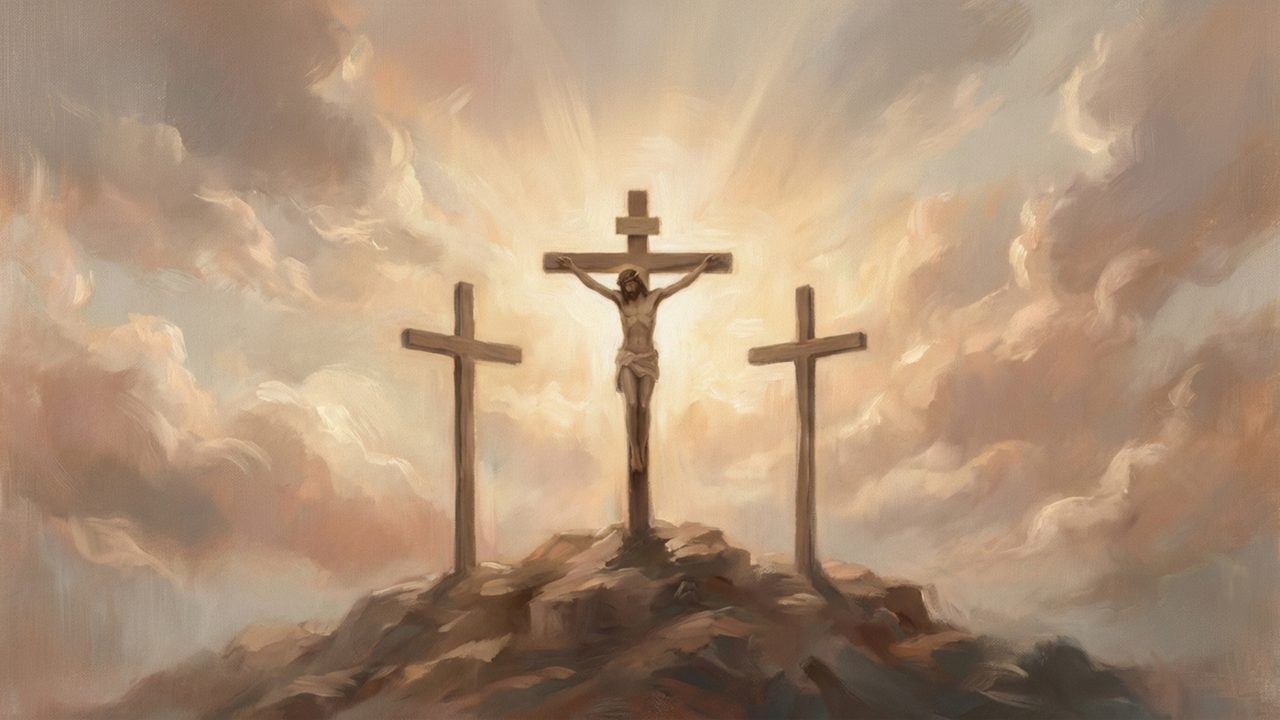 Christian Frame TV Art, Jesus Religious Oil Painting (Three Crosses on Calvary)