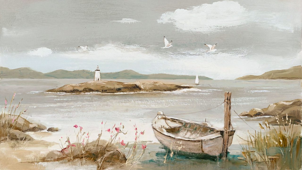 Nautical Frame TV Art, Coastal Oil Painting (Rowboat on Rocky Shore)