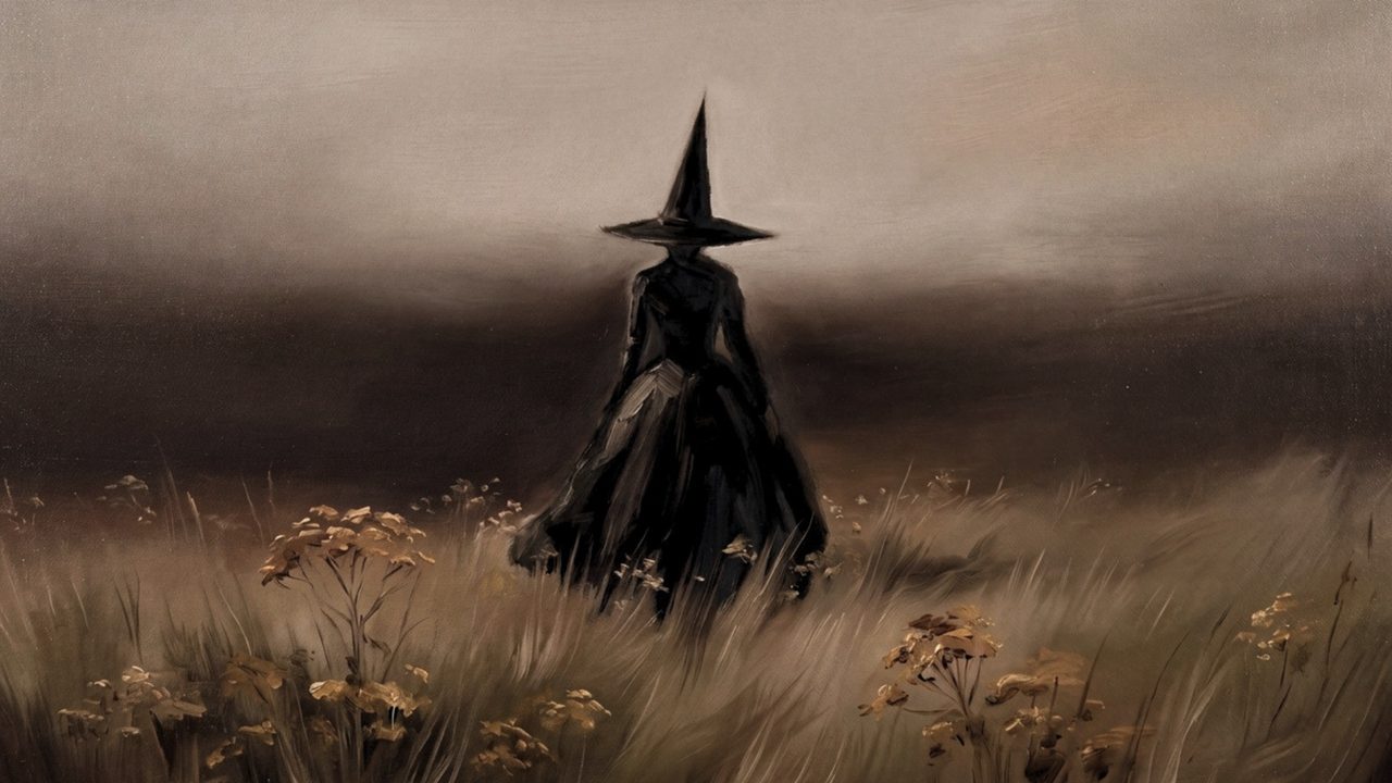Fall Frame TV Art, Vintage Autumn Oil Painting (Witch in Misty Field)