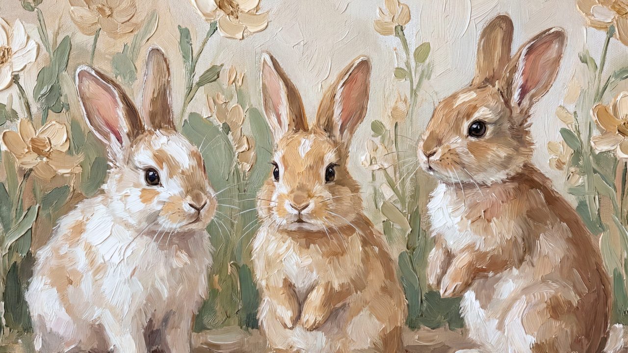 Easter Frame TV Art, Pastel Spring Oil Painting (Three Bunnies in Flowers)
