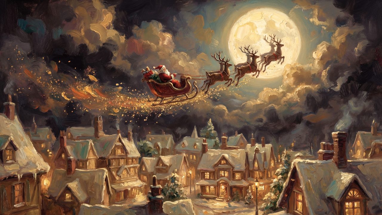 Christmas Frame TV Art, Vintage Holiday Oil Painting (Santa Sleigh over Village)